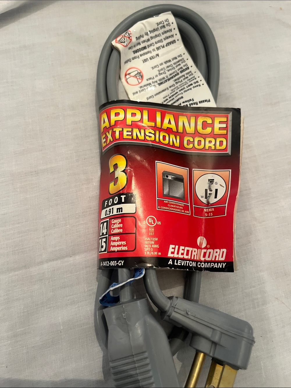 Electricord 3’ Appliance Cord 14 Gauge 15 Amp  3 apron